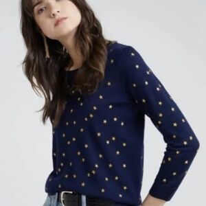 J.Crew Tippi in Navy Gold Embroidered Stars Merino Wool Knit Sweater M